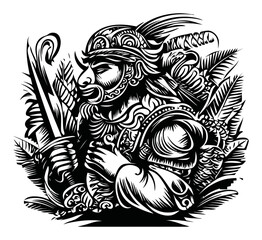 Detailed Engraving of a Warrior in a Tropical Setting