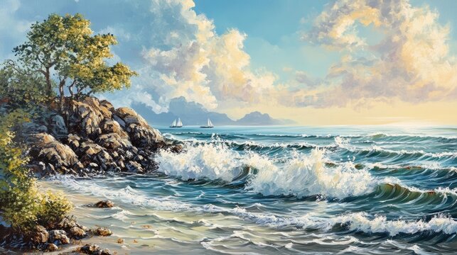 A tranquil coastal scene with rolling waves and a soft breeze rippling the water's surface.