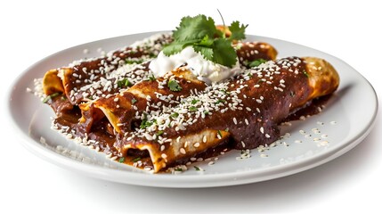 Three enmoladas (enchiladas with mole poblano) topped with sesame seeds, crema, and cilantro on a white plate.