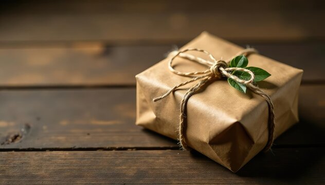 Twine wrapped wooden package on a rustic table, earthy, table, wooden