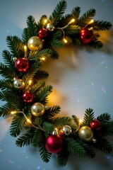 Twinkling fairy lights woven through a wreath of evergreen and holly, baubles, holly, decoration