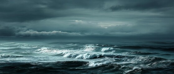 Fototapeta premium A calm yet moody seascape, capturing the undulating waves under a cloudy sky in deep shades of blue and grey.