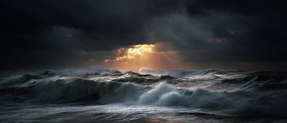 Dramatic ocean scene with dark stormy clouds and rays of sunlight breaking through, creating a moody atmosphere.