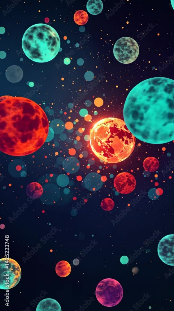 Poster A colorful space scene with a red planet in the center. There are many other planets and stars in the background