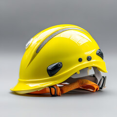 Fototapeta premium Close up view of a shiny yellow safety helmet with an orange chin strap, set against a neutral gray background. The helmet has subtle design elements and appears new and unused.