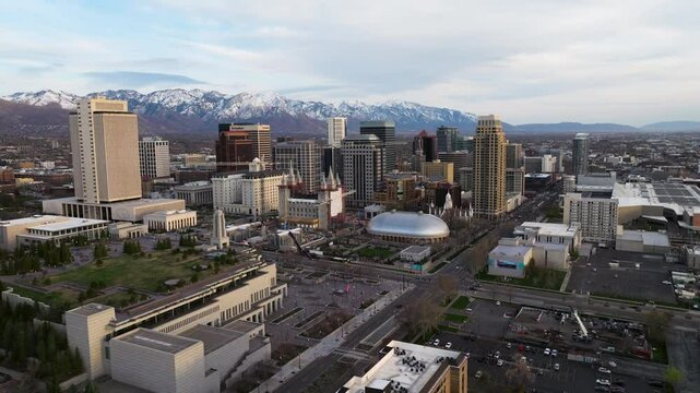 Aerial View Of Temple Square With Salt Lake Temple, Salt Lake Tabernacle, Salt Lake Assembly Hall, And Conference Center in Salt Lake City, Utah.