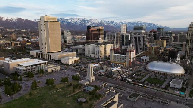 The Conference Center With The Temple Square Complex In Salt Lake City, Utah, United States. Aerial Drone Shot