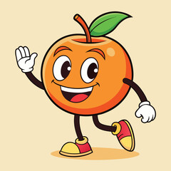 Groovy orange mascot. Funky retro character. cartoon apple, smiling, walking. Funny vintage trendy style character. Doodle Comic collection 