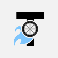 Letter T Car Wheel with fire icon Logo Concept