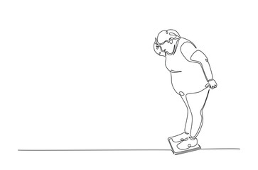 Unhappy obese woman on the scales in continuous one line drawing. Single line art illustration of female excess weight problems. Editable vector.