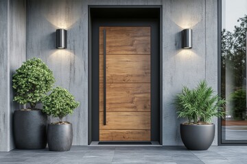 A large wooden door with a black trim sits in front of a house