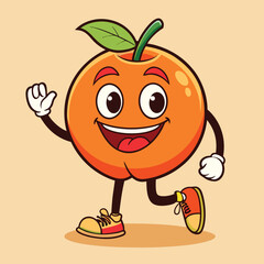 Groovy orange mascot. Funky retro character. cartoon apple, smiling, walking. Funny vintage trendy style character. Doodle Comic collection 