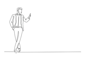 Businessman wearing suit in continuous one line drawing. Single line art illustration of guy wearing formal suit. Editable vector.