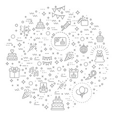 Simple Set of Birthday And party Related Vector Line Illustration. Contains such Icons as celebration, event, cake, Firecracker, invitation, letter, gift, festival, mirror ball And Other Elements.