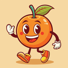 Groovy orange mascot. Funky retro character. cartoon apple, smiling, walking. Funny vintage trendy style character. Doodle Comic collection 