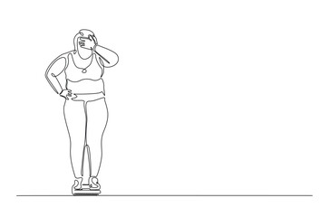 Unhappy obese woman on the scales in continuous one line drawing. Single line art illustration of female excess weight problems. Editable vector.