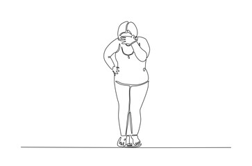 Unhappy obese woman on the scales in continuous one line drawing. Single line art illustration of female excess weight problems. Editable vector.