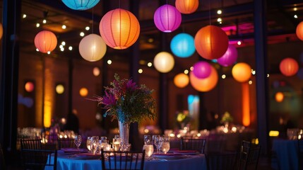 Vibrant colorful lanterns illuminate an elegant indoor party space with a table set for guests.