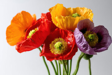 Colourful Lady bird poppies (Papaver Commutatum) arranged against a white background © Emanuel