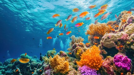 Naklejka premium Vibrant coral reef teeming with colorful fish in a shallow, sunlit ocean environment.