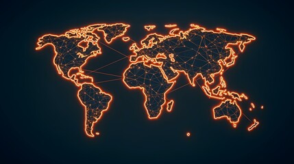 The image contains a stylized world map.  The continents are outlined in bright orange light, and interconnected by a network of glowing lines, suggesting global connectivity.