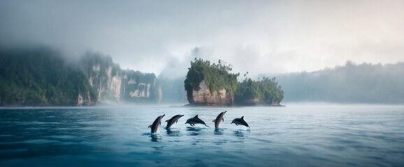 Dolphins leap out of water, near misty islands. A tranquil seascape, peaceful scene