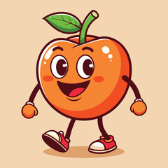 Groovy orange mascot. Funky retro character. cartoon apple, smiling, walking. Funny vintage trendy style character. Doodle Comic collection 