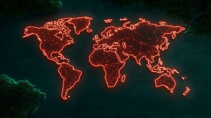 A neon red outline of a world map, interconnected by glowing lines, is set against a dark teal background partially obscured by green textured elements.