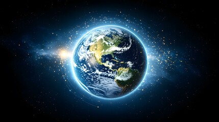Fototapeta premium The image shows a digitally enhanced view of planet Earth from space, prominently displaying North and South America, surrounded by a glowing aura and streaks of light suggesting cosmic energy or con