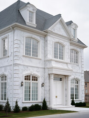 An editorial-style home photography of the entrance and lawn in front of an elegant white marble building with large windows, a white door, and a Chantilly gray color marble floor
