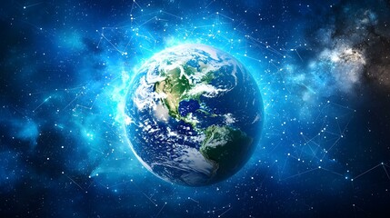 Obraz premium The image shows a detailed rendering of planet Earth, prominently displaying North and South America, set against a backdrop of a deep blue space filled with twinkling stars and a network of intercon