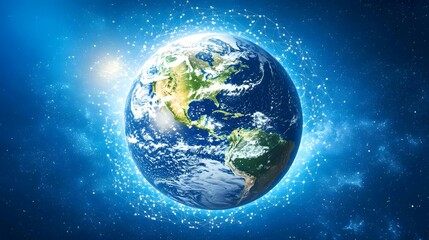 Fototapeta premium The image shows a detailed depiction of planet Earth, prominently displaying the Americas, encircled by a glowing network of interconnected nodes, all set against a deep blue cosmic backdrop.