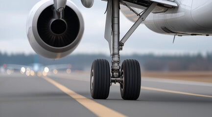 A close-up of the landing gear and wheels on an airplane, emphasizing their role in lifting off from the runway at an airport with a blurred background. 