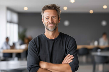 Photo of a man with a beard standing confidently in a shared workspace, smiling with arms crossed, with natural light and simple modern decor 