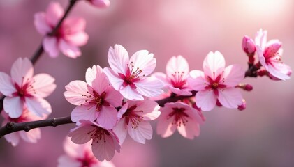 Fototapeta premium Delicate pink sakura blossoms, full bloom, intricate pattern, texture, branch