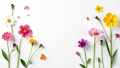 Delicate, scattered wildflowers on white backdrop, subtle, delicate, botanical