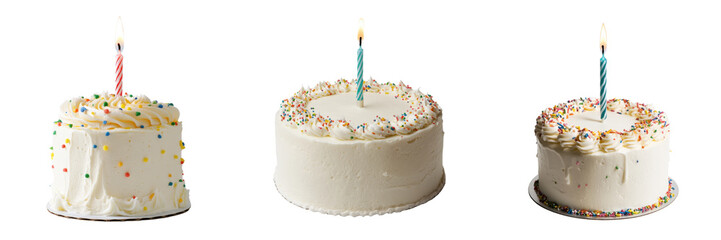 Colorful Birthday Cakes with Candles and Sprinkles on a Transparent Background