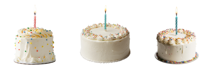 Colorful Birthday Cakes with Candles and Sprinkles on a Transparent Background