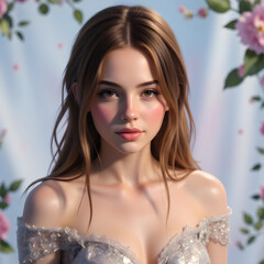 Beautiful woman with flowing brown hair wearing elegant dress standing near pink rose bushes, soft blue background with falling flower petals