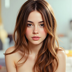 Attractive woman with flowing brown hair modeling elegant beauty portrait, showcasing luminous complexion and natural radiance against soft background
