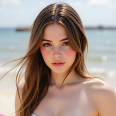 Close up portrait of a beautiful young woman with long brown hair, wearing light makeup and a white bikini top, posing on a sunny beach with the wind gently blowing her hair
