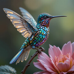 Obraz premium A jeweled hummingbird, iridescent feathers, perched on a flower.