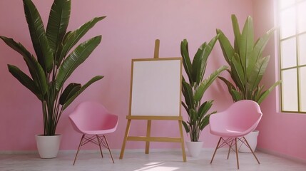 Fototapeta premium Pink room with plants and easel