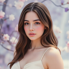 Beauty portrait showing young Caucasian woman with flowing brown waves, soft pink makeup, posing elegantly amid blossoming garden backdrop with vibrant floral surroundings