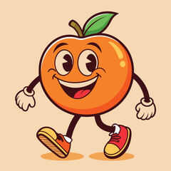 Groovy orange mascot. Funky retro character. cartoon apple, smiling, walking. Funny vintage trendy style character. Doodle Comic collection 