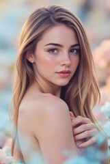 Beautiful blonde woman standing outdoors, soft gaze and delicate expression, touching shoulders with gentle hands, embodying natural elegance and feminine beauty