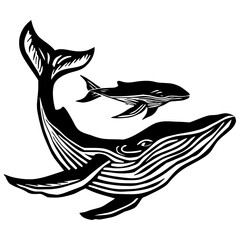 Vector illustration of a humpback whale and calf in black and white. Ideal for ocean and nature themes. © Suriya