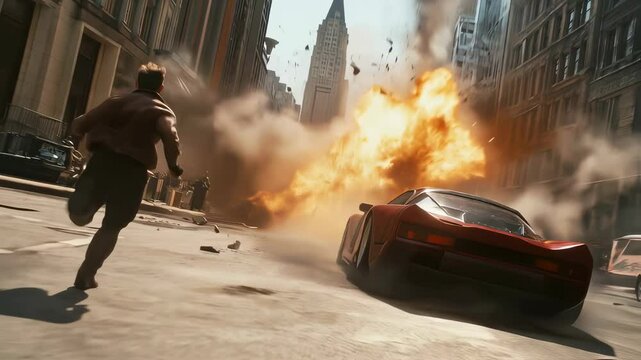 Action shot with man running away. Dynamic scene with car in action movie blockbuster style