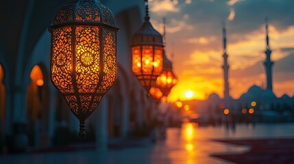 At sunset, a mosque's facade is decorated with lanterns that evoke a sense of peace and culture.