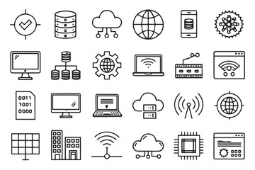 Information Technology line art icon set of collection. network,internet,website,software,programming,wifi,database,processor,communication and others. Editable stroke. Vector illustration 